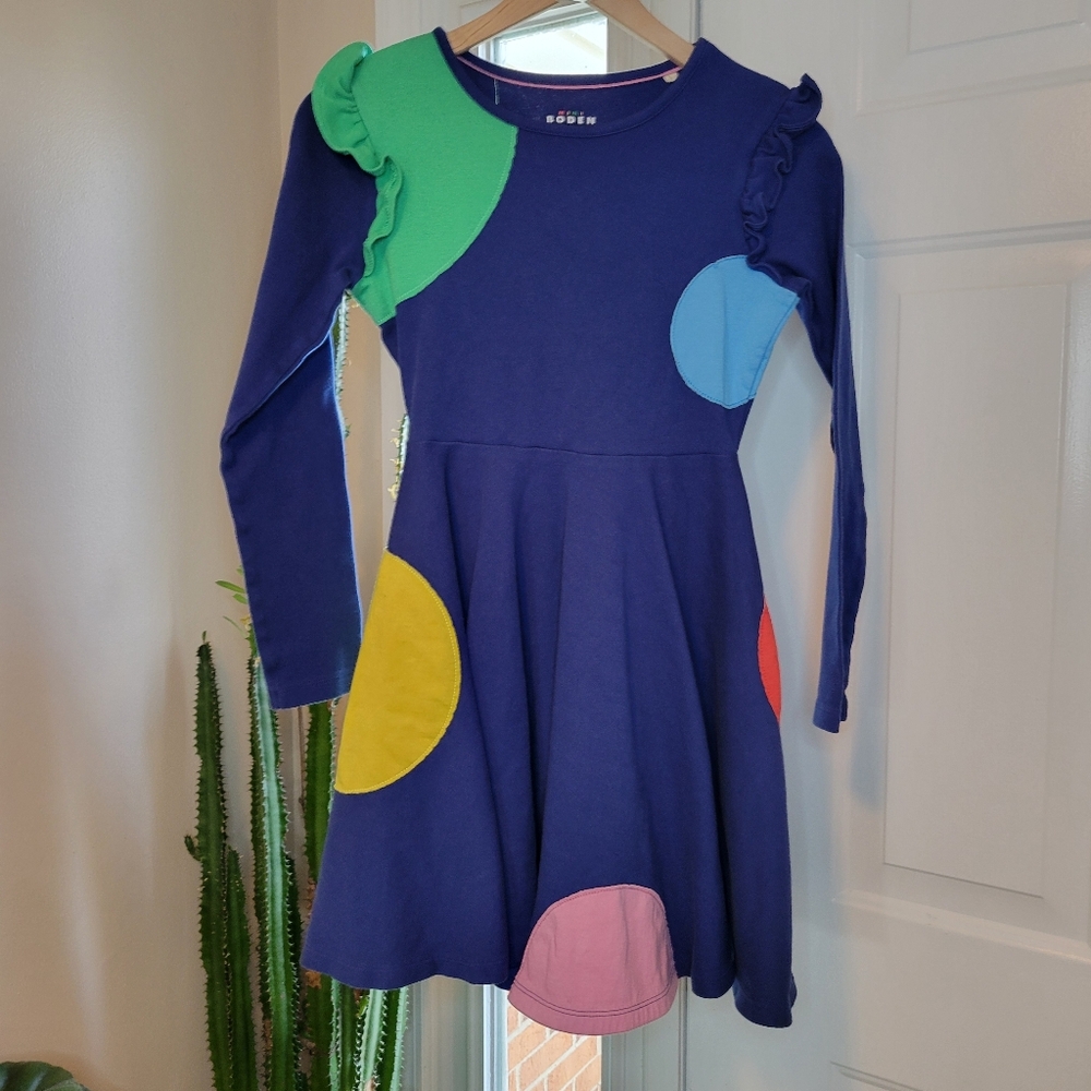 Mini Boden Kids Polka Dot Longsleeve 100% Cotton Blue Dress, Size 11-12y